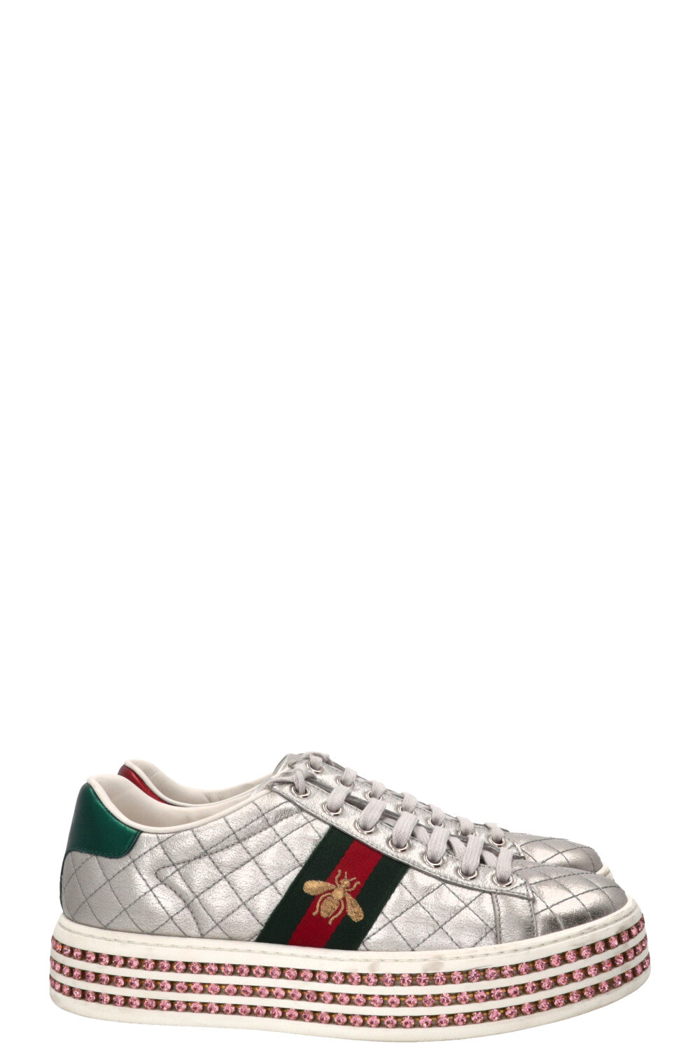 GUCCI Ace Bee Quilted Sneakers Leather Silver