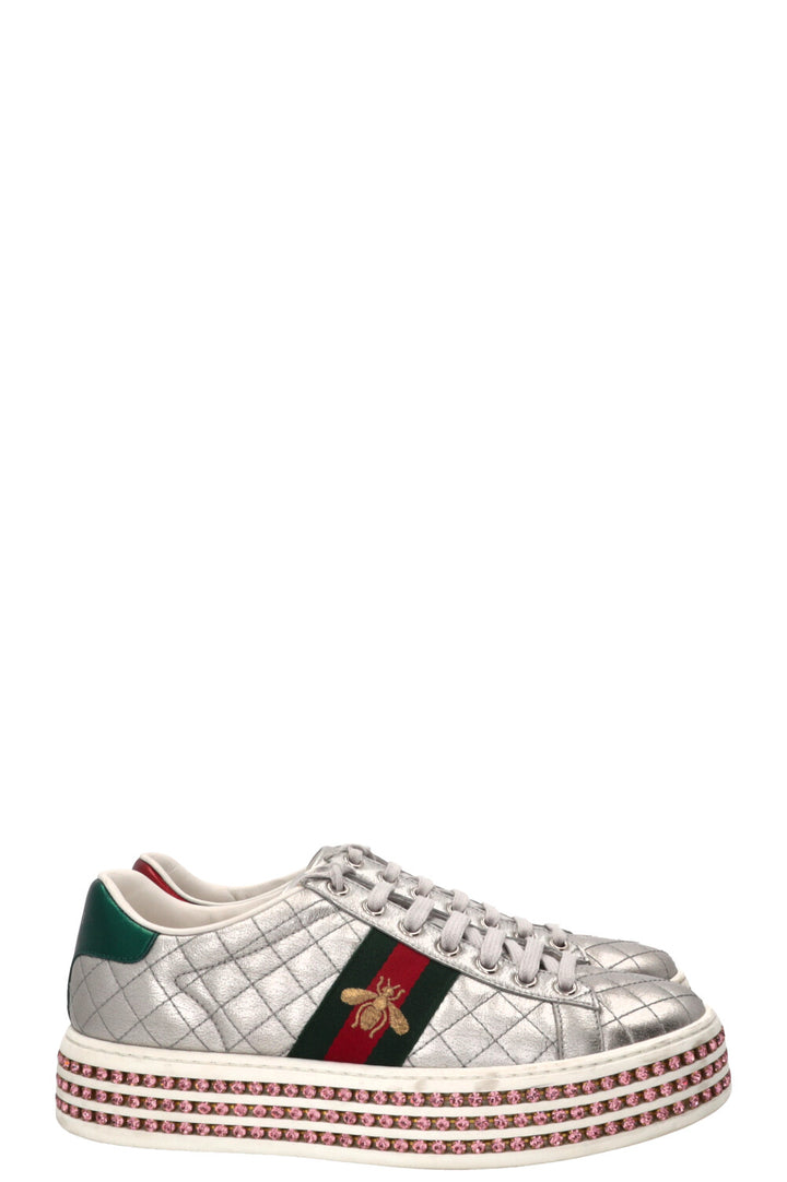 GUCCI Ace Bee Quilted Sneakers Leather Silver
