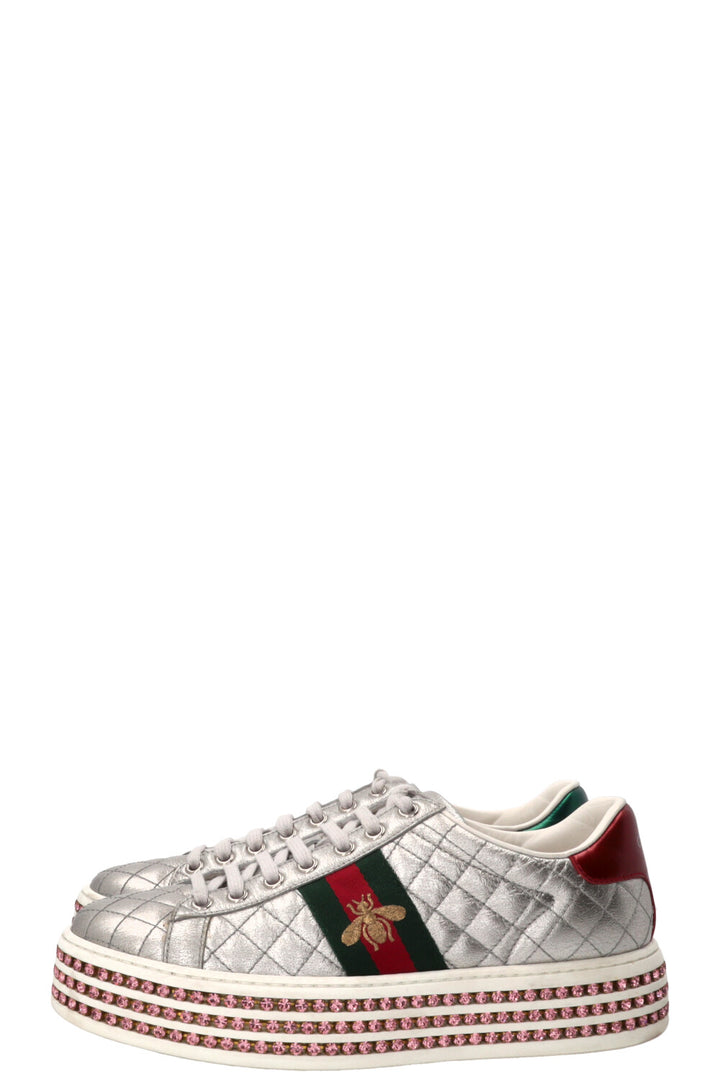 GUCCI Ace Bee Quilted Sneakers Leather Silver