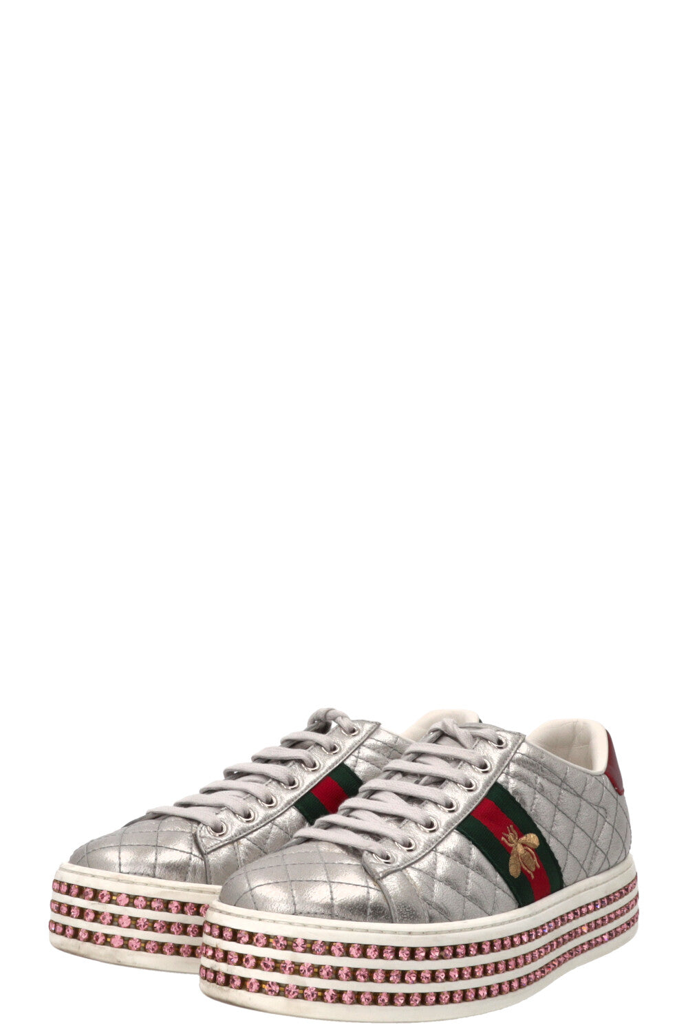 GUCCI Ace Bee Quilted Sneakers Leather Silver