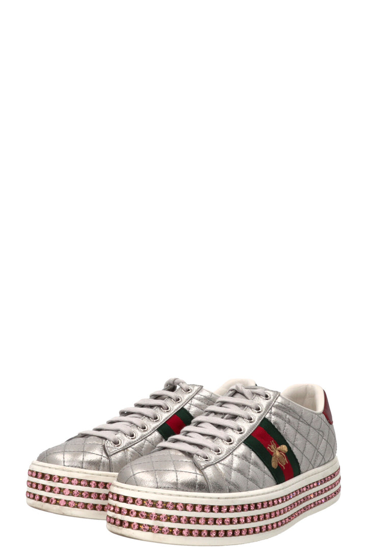 GUCCI Ace Bee Quilted Sneakers Leather Silver