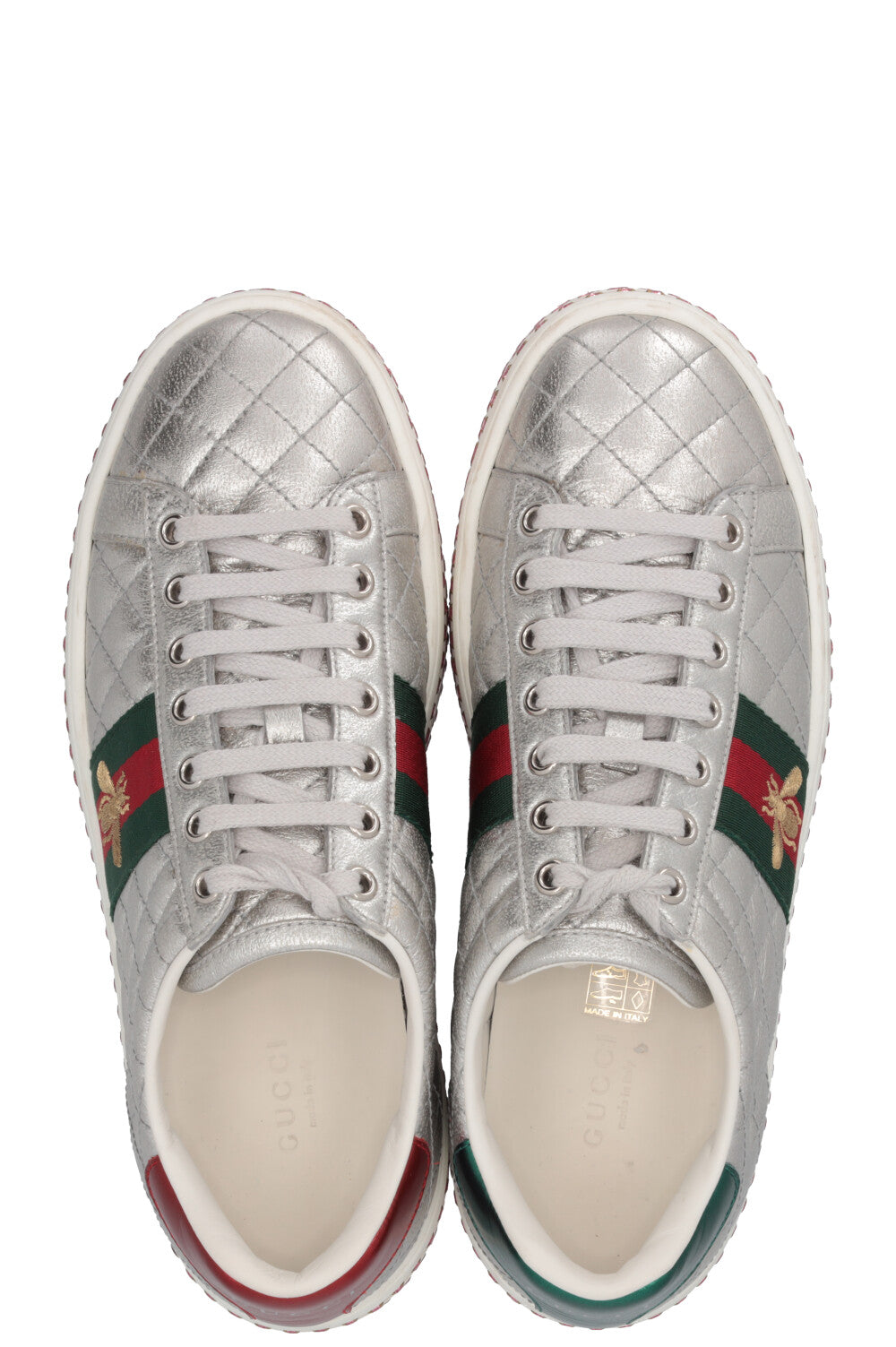 GUCCI Ace Bee Quilted Sneakers Leather Silver