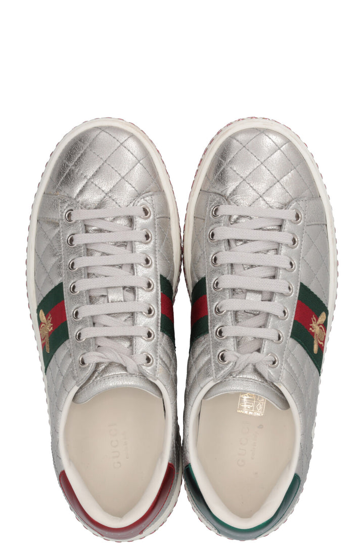 GUCCI Ace Bee Quilted Sneakers Leather Silver
