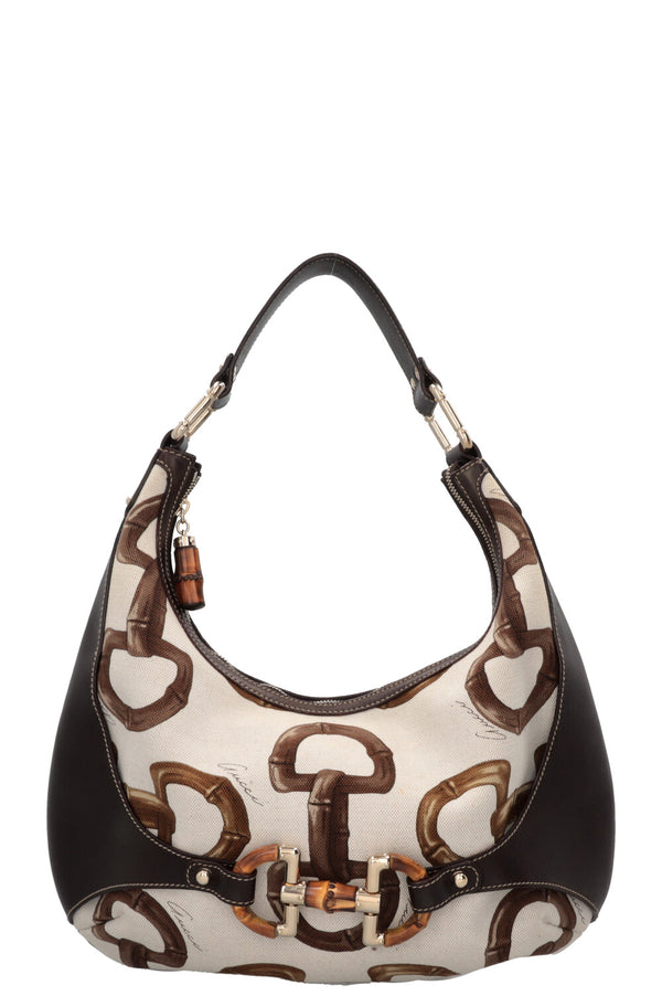 GUCCI Amalfi Bamboo Horsebit Hobo Bag Canvas Leather White Brown
