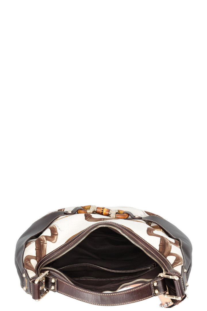 GUCCI Amalfi Bamboo Horsebit Hobo Bag Canvas Leather White Brown