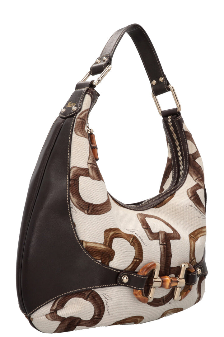 GUCCI Amalfi Bamboo Horsebit Hobo Bag Canvas Leather White Brown