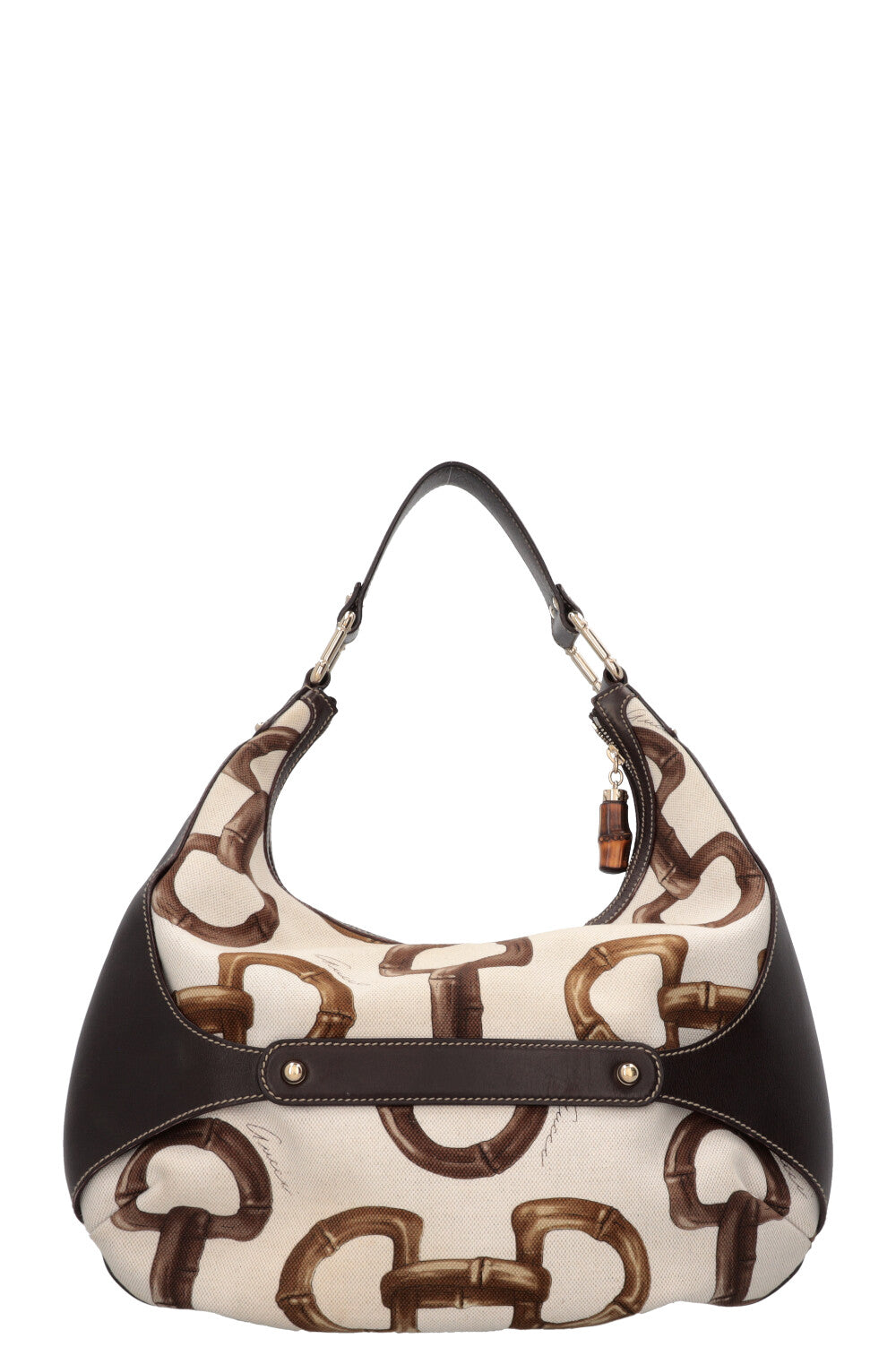 GUCCI Amalfi Bamboo Horsebit Hobo Bag Canvas Leather White Brown