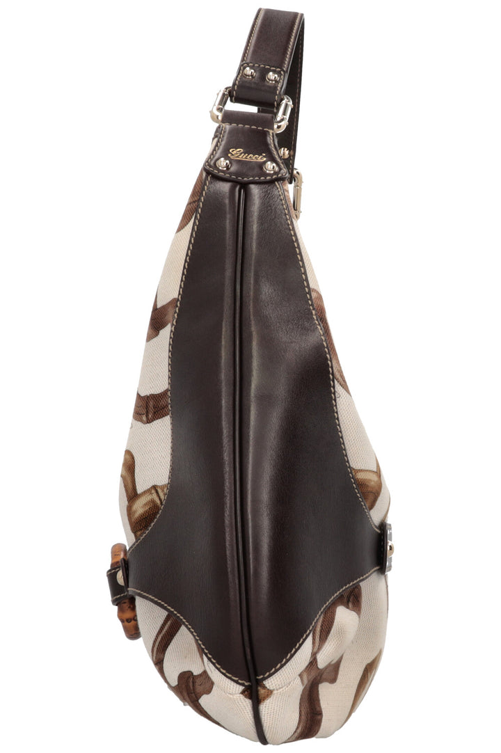 GUCCI Amalfi Bamboo Horsebit Hobo Bag Canvas Leather White Brown