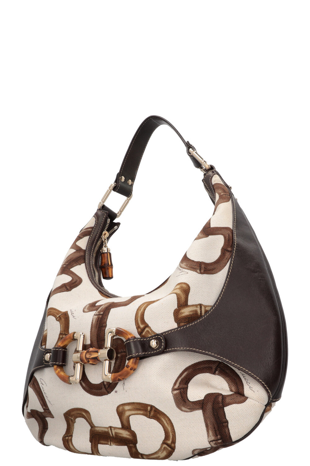 GUCCI Amalfi Bamboo Horsebit Hobo Bag Canvas Leather White Brown