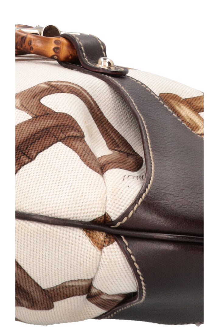 GUCCI Amalfi Bamboo Horsebit Hobo Bag Canvas Leather White Brown