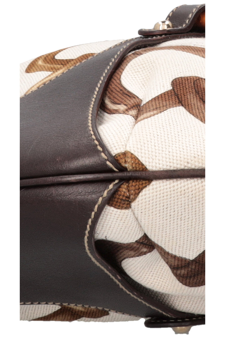 GUCCI Amalfi Bamboo Horsebit Hobo Bag Canvas Leather White Brown