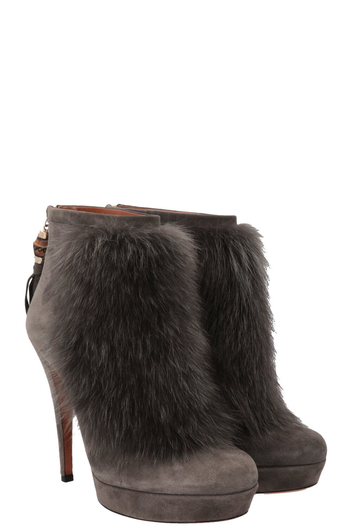 GUCCI Bamboo Ankle Boots Fur Suede Grey