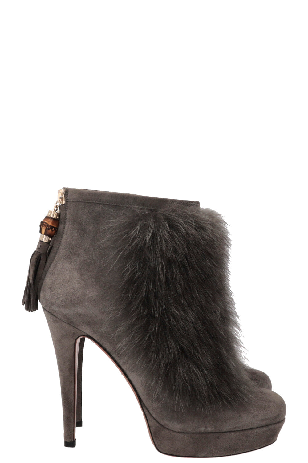 GUCCI Bamboo Ankle Boots Fur Suede Grey