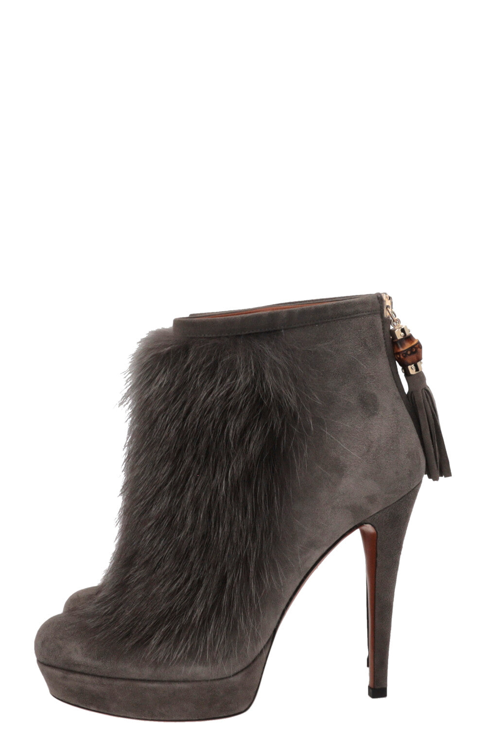 GUCCI Bamboo Ankle Boots Fur Suede Grey