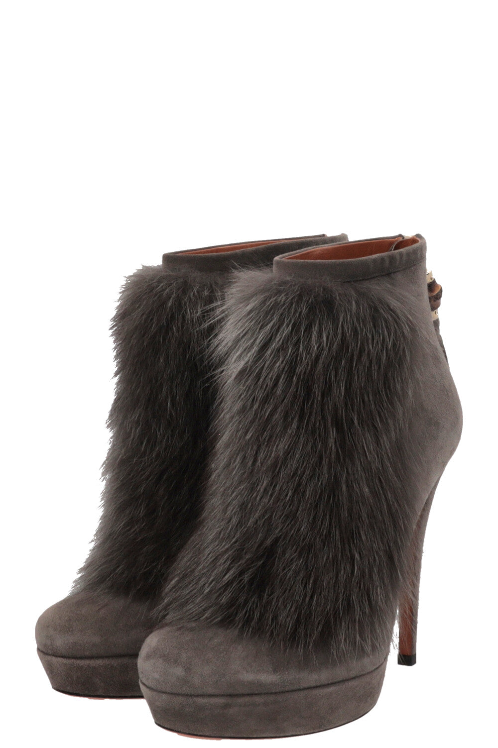 GUCCI Bamboo Ankle Boots Fur Suede Grey