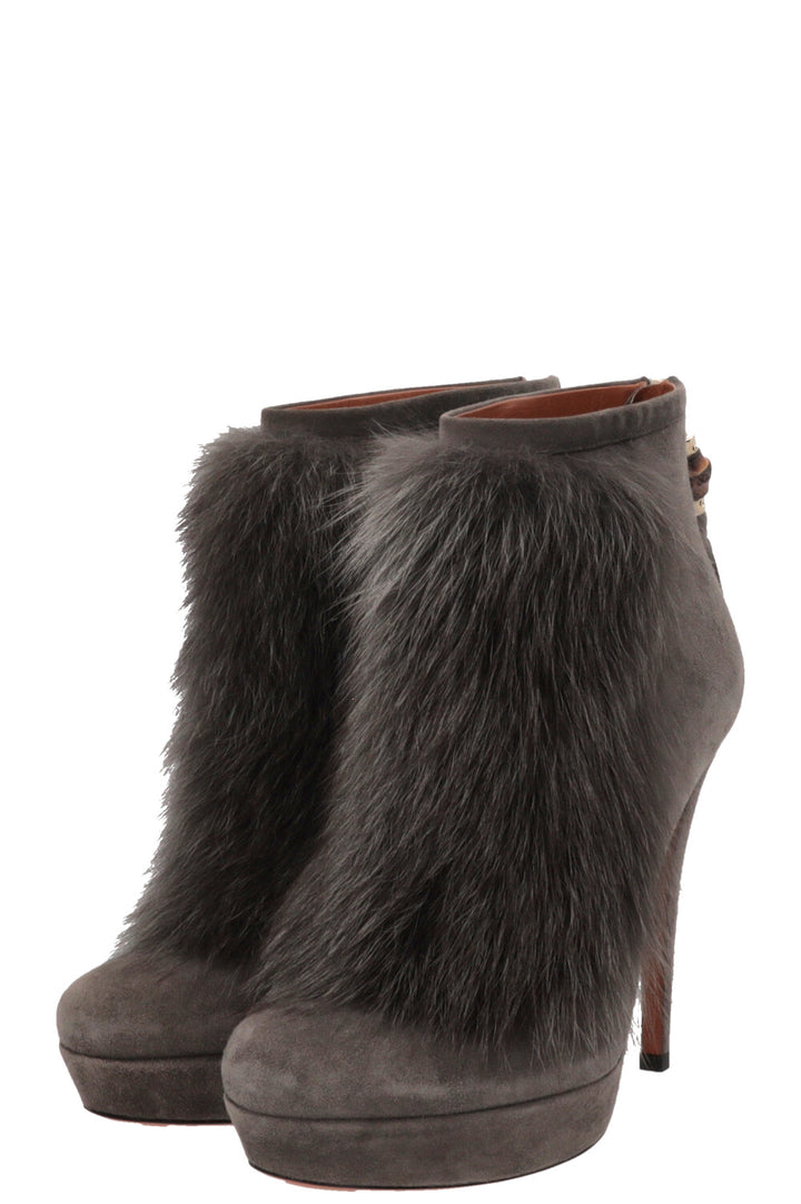GUCCI Bamboo Ankle Boots Fur Suede Grey