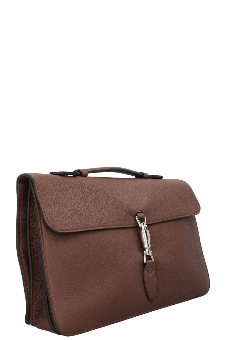 GUCCI Briefcase Piston Clasp Leather Brown