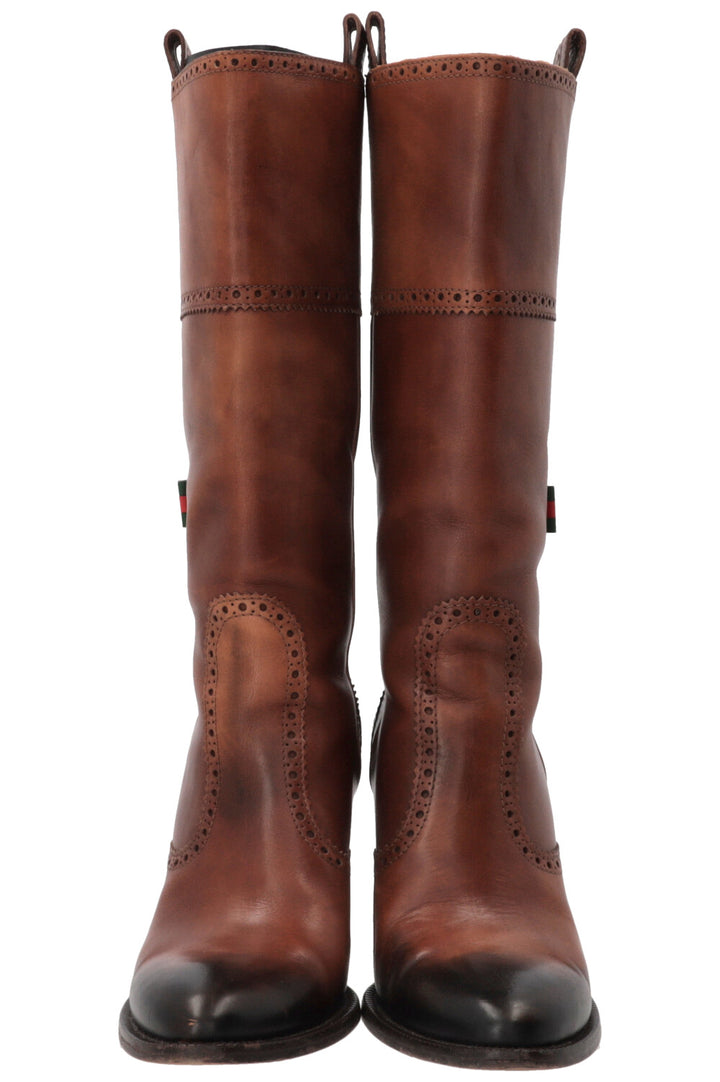 GUCCI Brogue Perforated High Boots Leather Brown