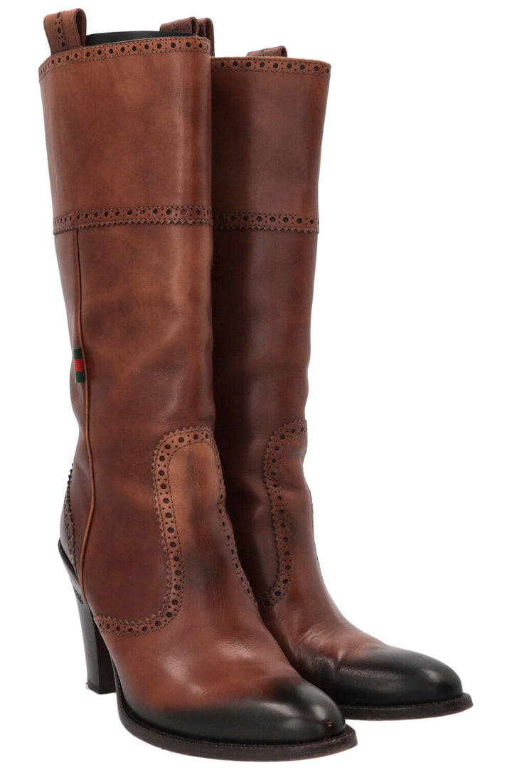 GUCCI Brogue Perforated High Boots Leather Brown