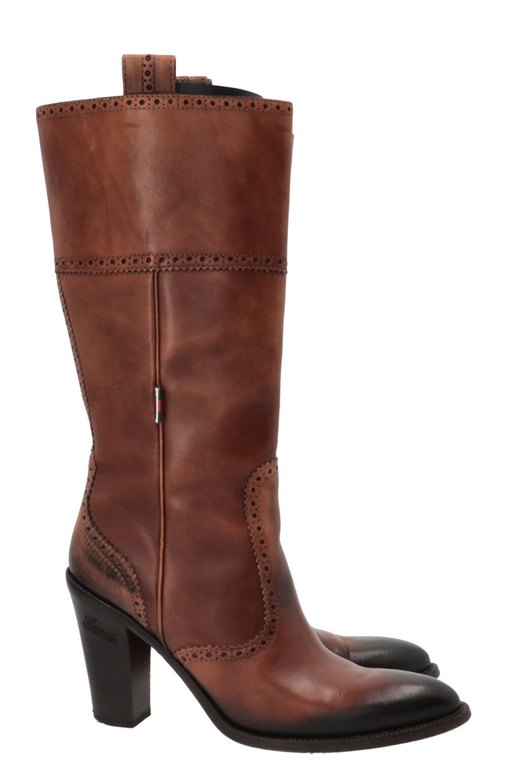 GUCCI Brogue Perforated High Boots Leather Brown