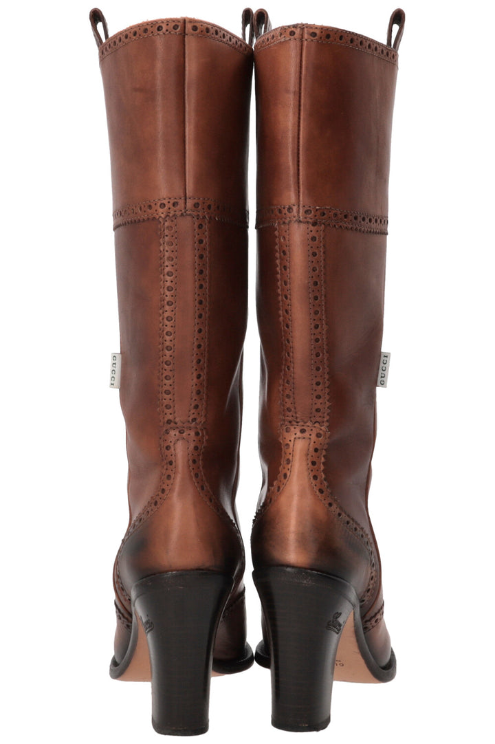 GUCCI Brogue Perforated High Boots Leather Brown