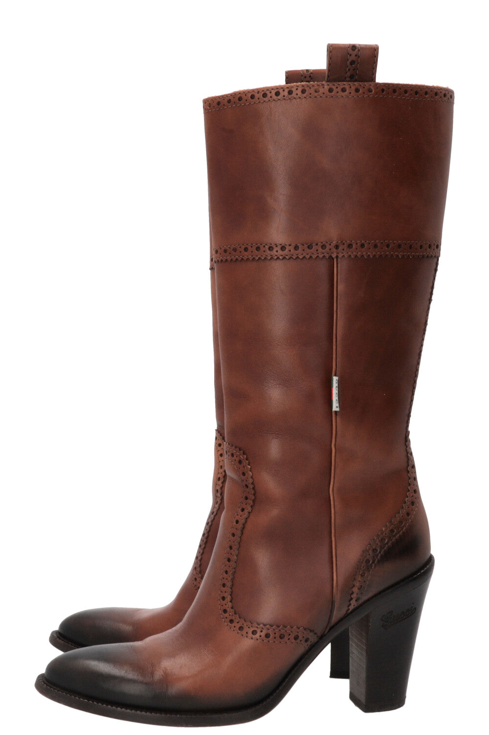 GUCCI Brogue Perforated High Boots Leather Brown