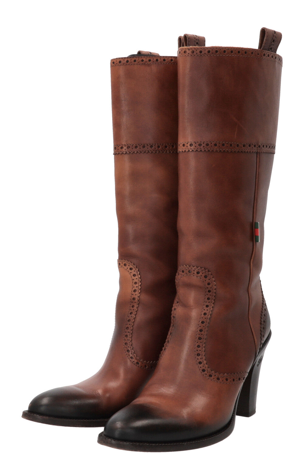 GUCCI Brogue Perforated High Boots Leather Brown