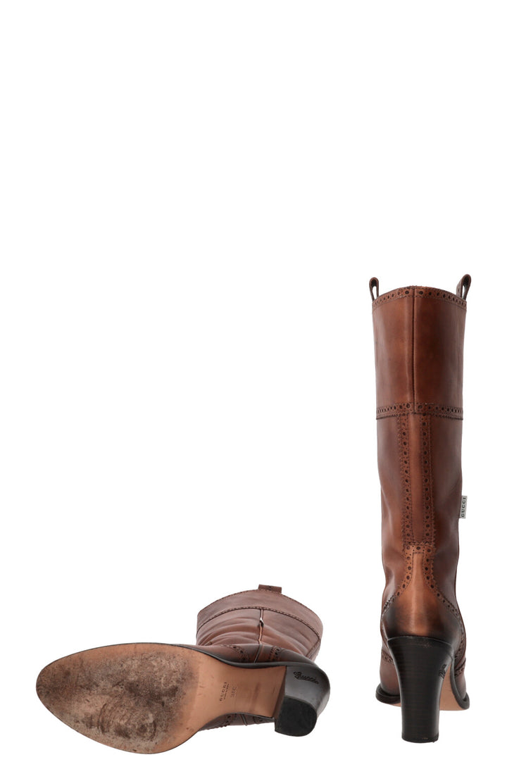 GUCCI Brogue Perforated High Boots Leather Brown