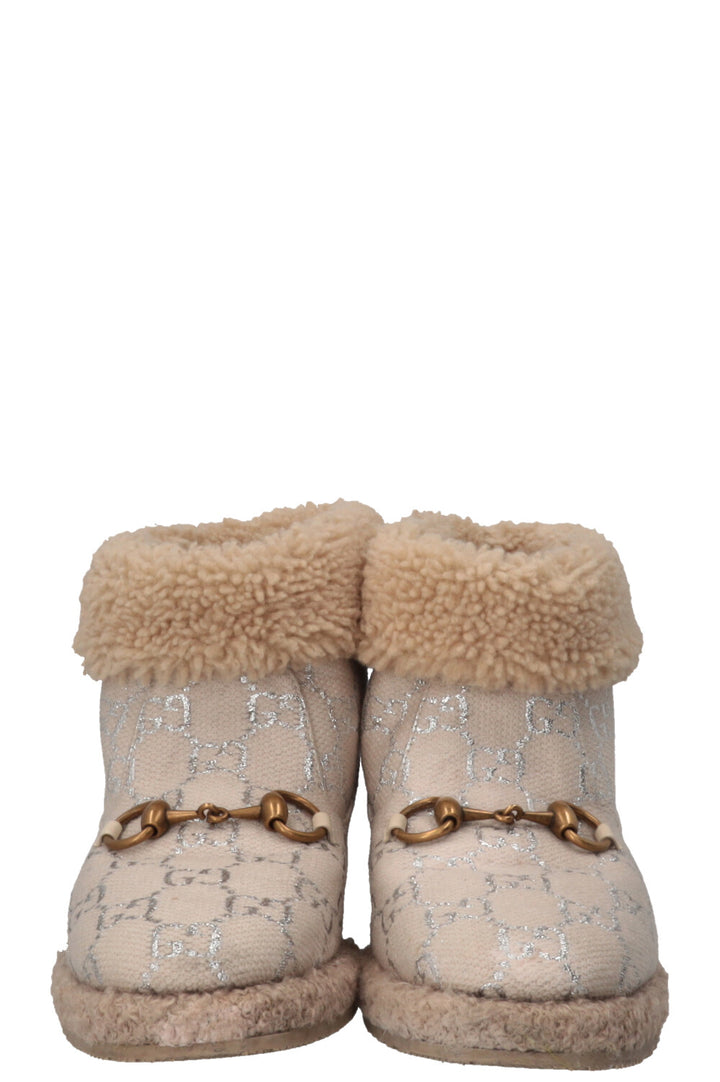 GUCCI Fria Horsebit Ankle Boots Shearling Canvas