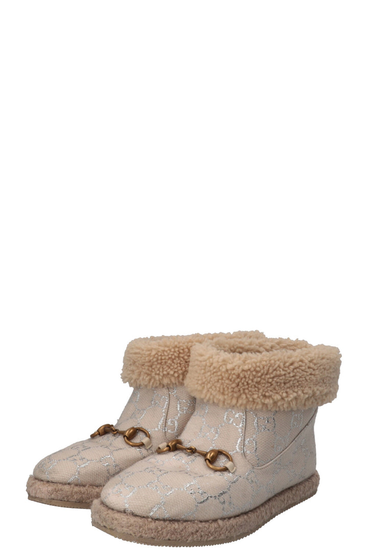 GUCCI Fria Horsebit Ankle Boots Shearling Canvas