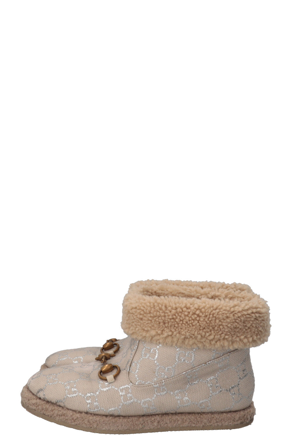 GUCCI Fria Horsebit Ankle Boots Shearling Canvas