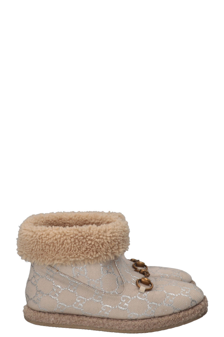 GUCCI Fria Horsebit Ankle Boots Shearling Canvas