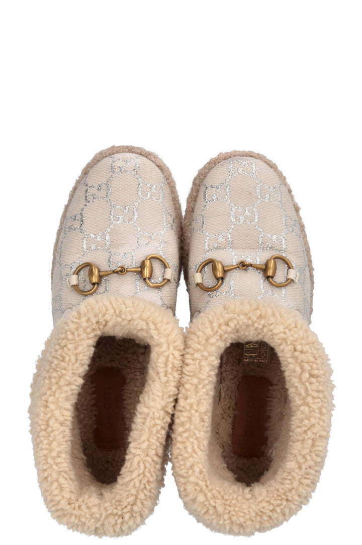 GUCCI Fria Horsebit Ankle Boots Shearling Canvas