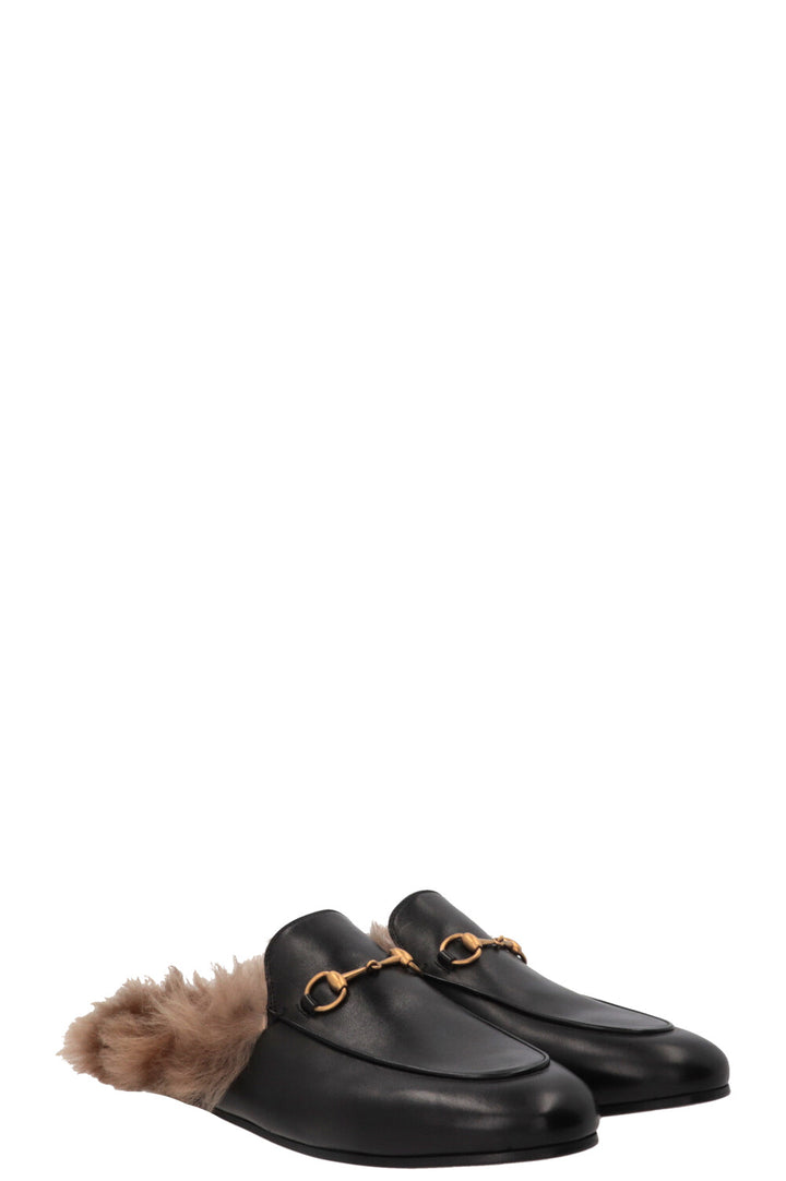 GUCCI Fur Princetown Mules Leather Black