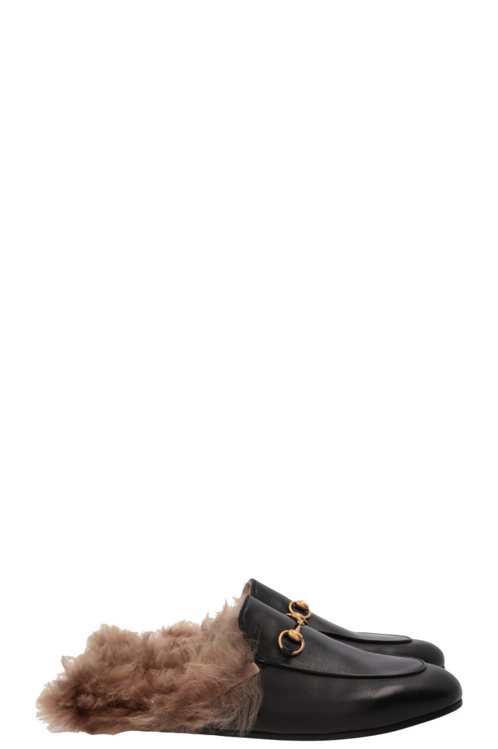 GUCCI Fur Princetown Mules Leather Black