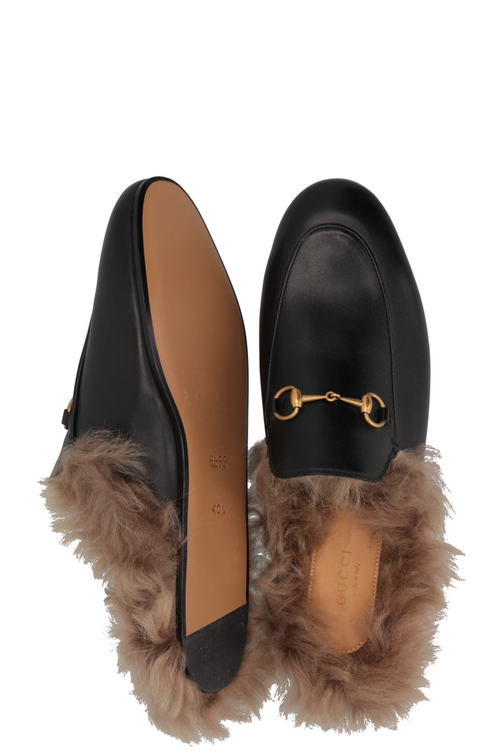 GUCCI Fur Princetown Mules Leather Black