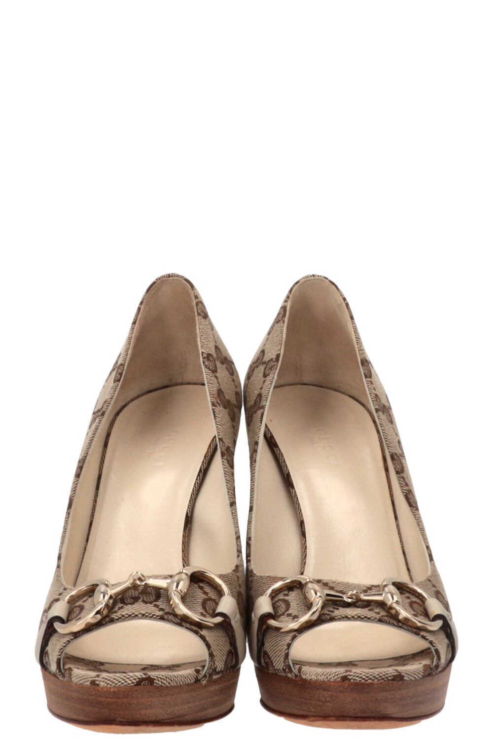 GUCCI GG Horsebit Peep Toe Pumps Supreme Canvas Beige