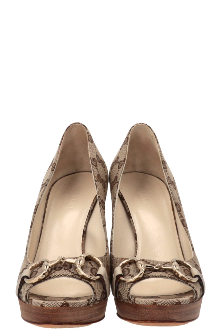 GUCCI GG Horsebit Peep Toe Pumps Supreme Canvas Beige