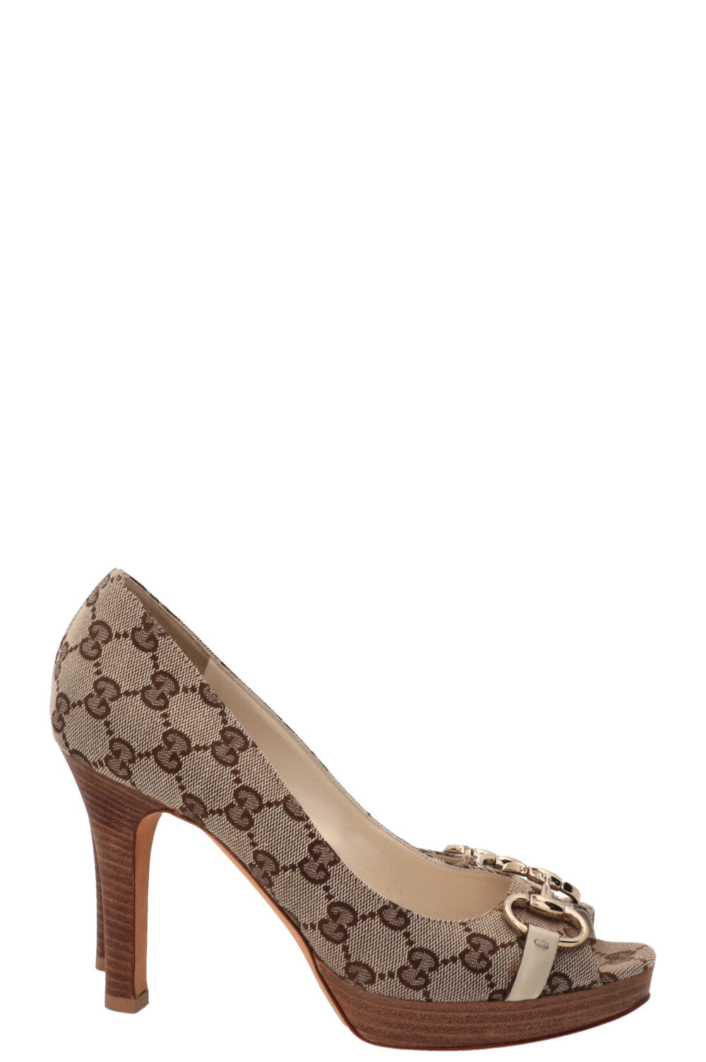 GUCCI GG Horsebit Peep Toe Pumps Supreme Canvas Beige