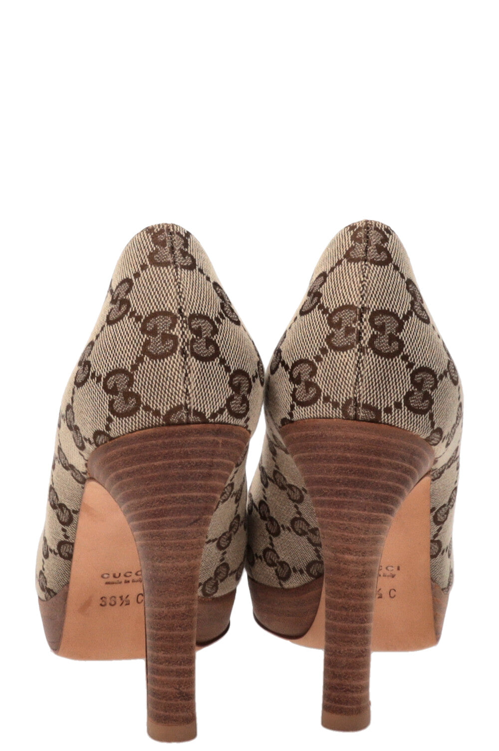 GUCCI GG Horsebit Peep Toe Pumps Supreme Canvas Beige