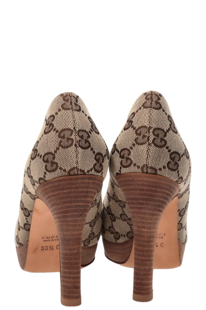 GUCCI GG Horsebit Peep Toe Pumps Supreme Canvas Beige
