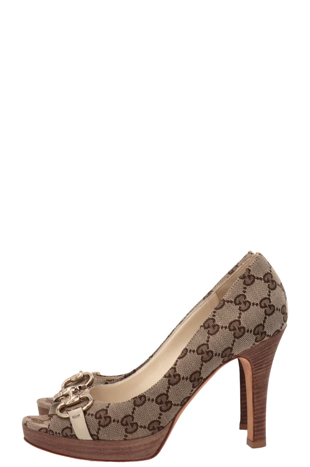 GUCCI GG Horsebit Peep Toe Pumps Supreme Canvas Beige