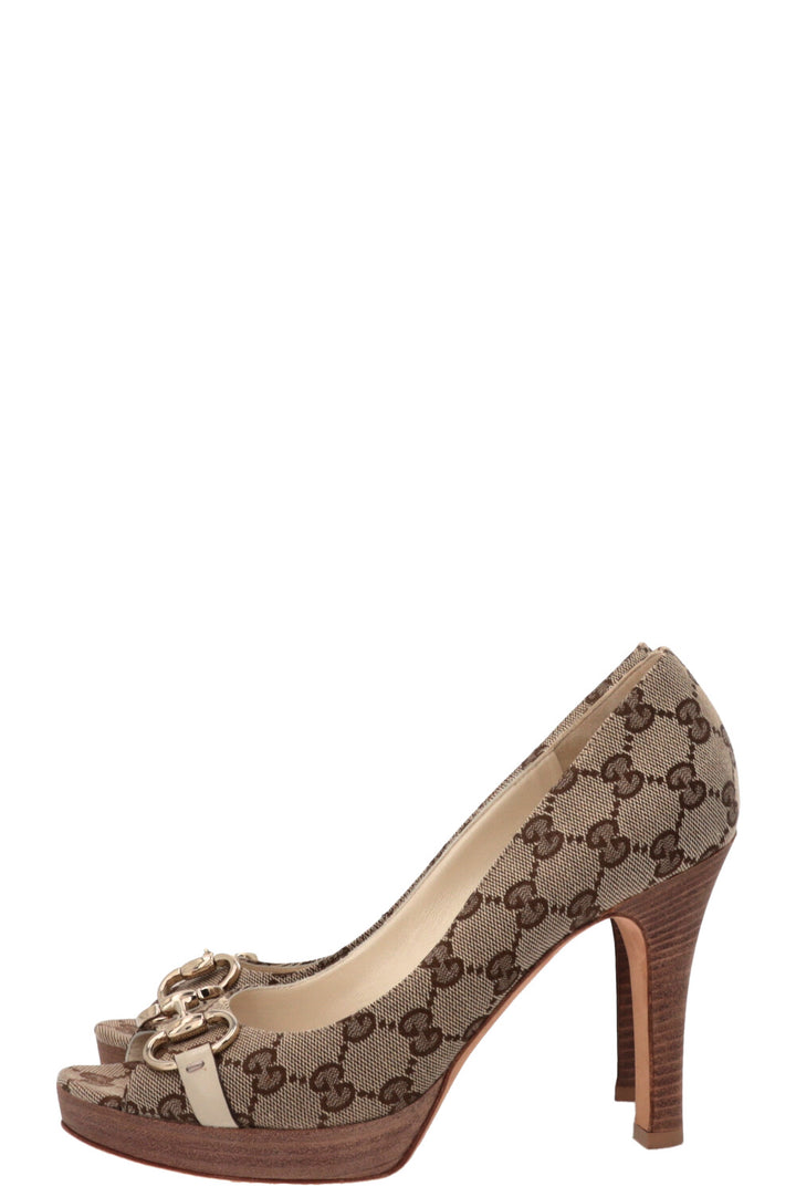 GUCCI GG Horsebit Peep Toe Pumps Supreme Canvas Beige
