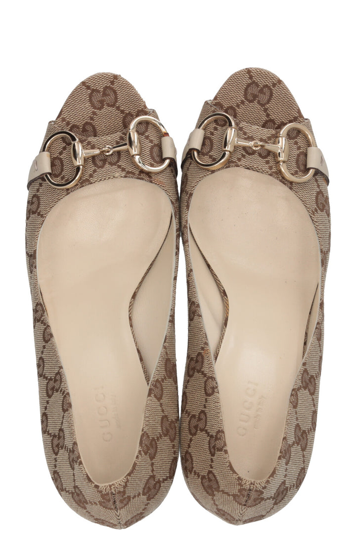 GUCCI GG Horsebit Peep Toe Pumps Supreme Canvas Beige