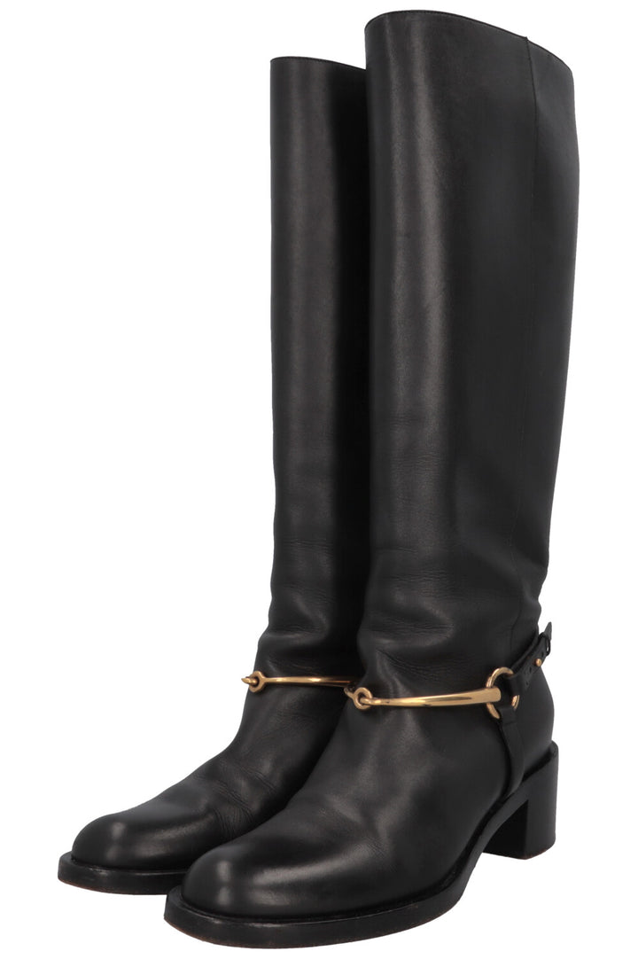 GUCCI Horsebit Riding Boots Leather Black