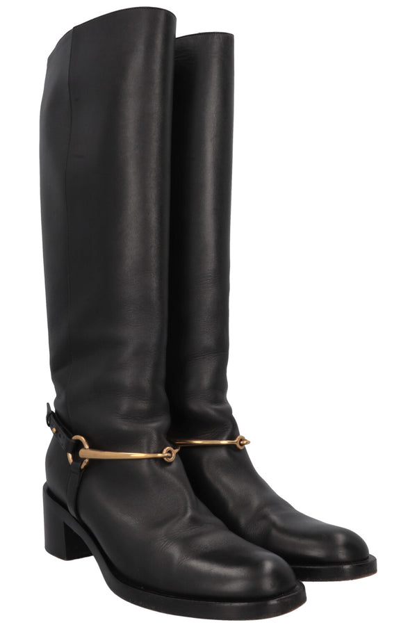 GUCCI Horsebit Riding Boots, Black Leather