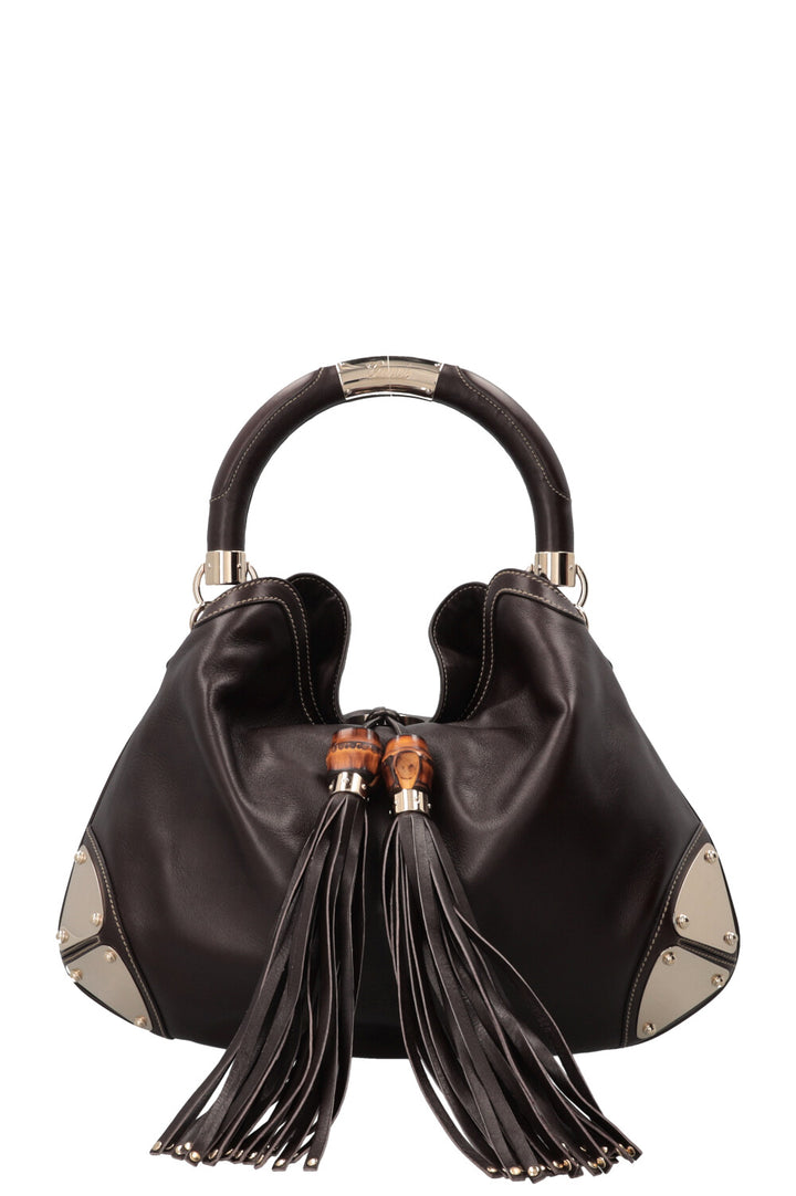 GUCCI Indy Hobo Bag Leather Brown Metal