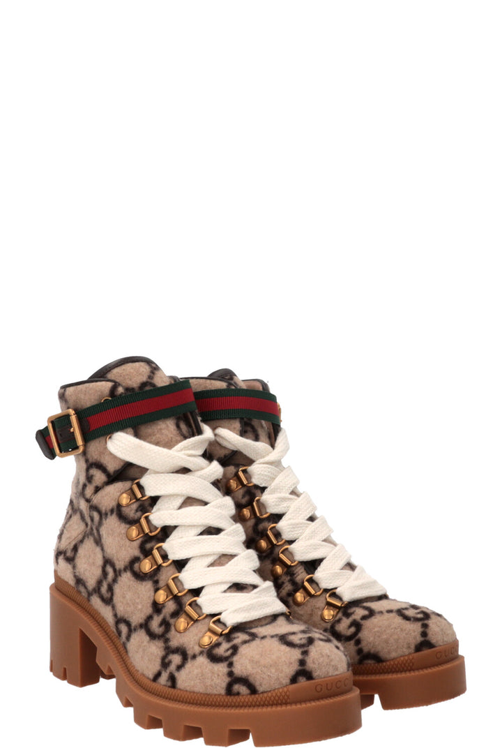 GUCCI Bottines à lacets Web en laine beige