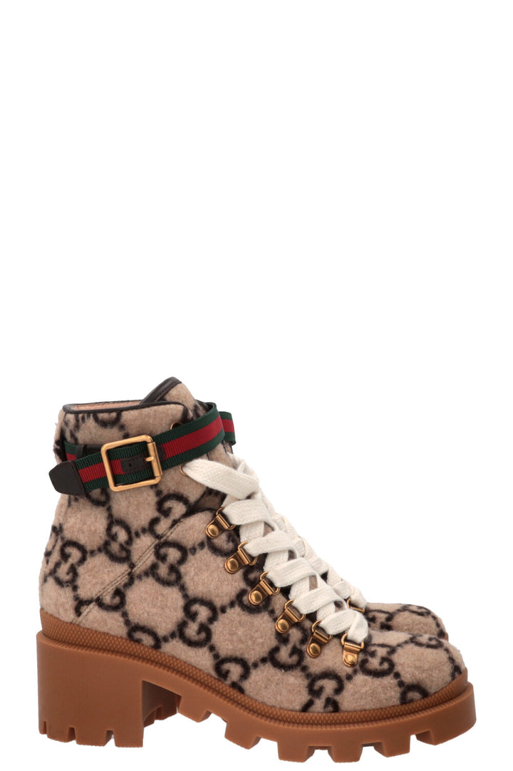 GUCCI Bottines à lacets Web en laine beige