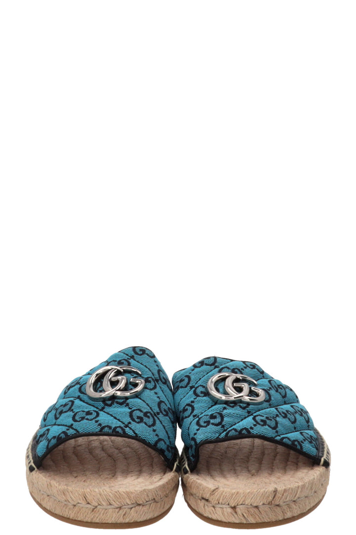 GUCCI Marmont Claquettes GG Toile Suprême Rafia Bleu